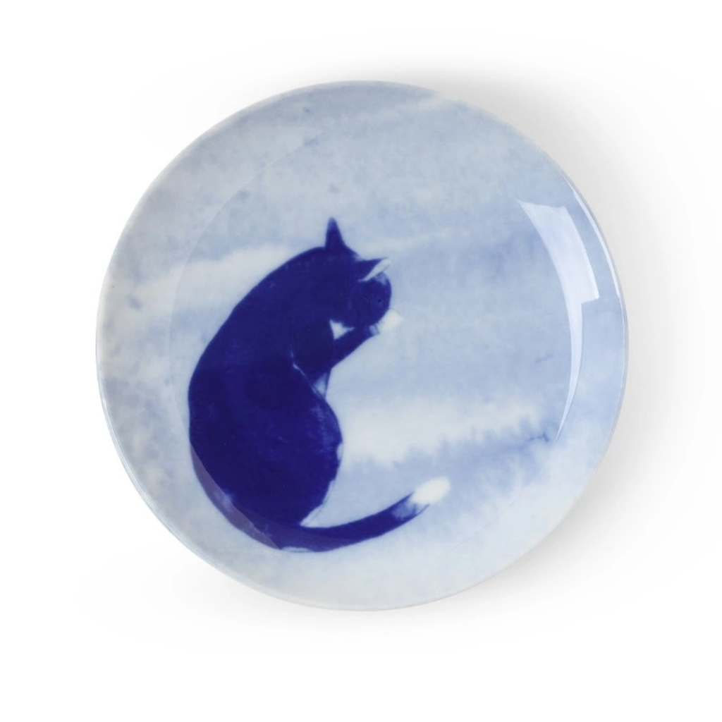 Blue Ceramic Cat Plate - Grooming