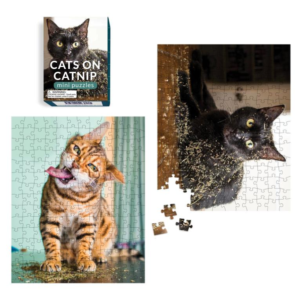 Cat-themed mini puzzles with a box labeled 'Cats on Catnip' and completed puzzle pieces.