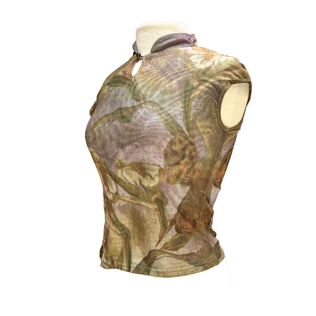 Mesh Qipao Top with Cap Sleeves and Keyhole Neckline - Light Green