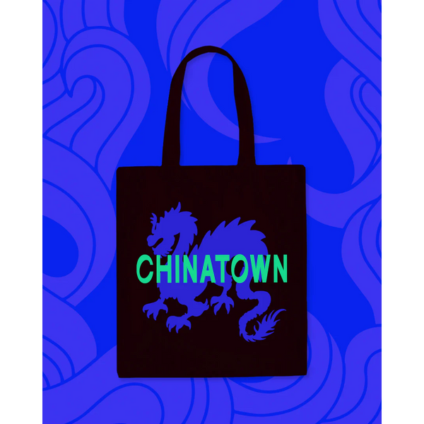 Black tote bag with blue dragon design and "Chinatown" in green