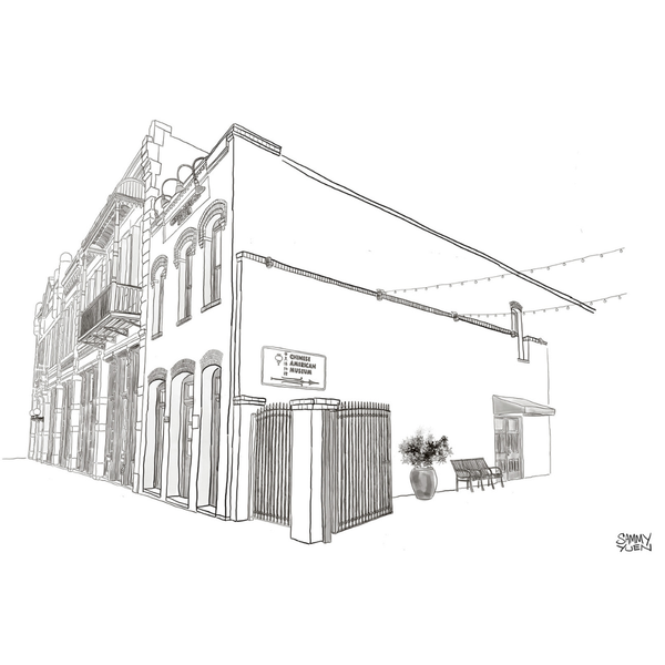 Black and white line drawing of a street scene with buildings and outdoor seating area.