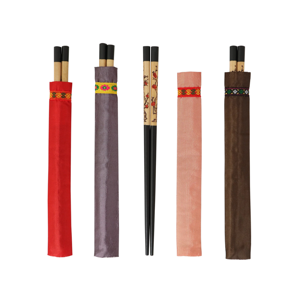 Cherry Blossom Wooden Chopsticks with Silk Sleeves