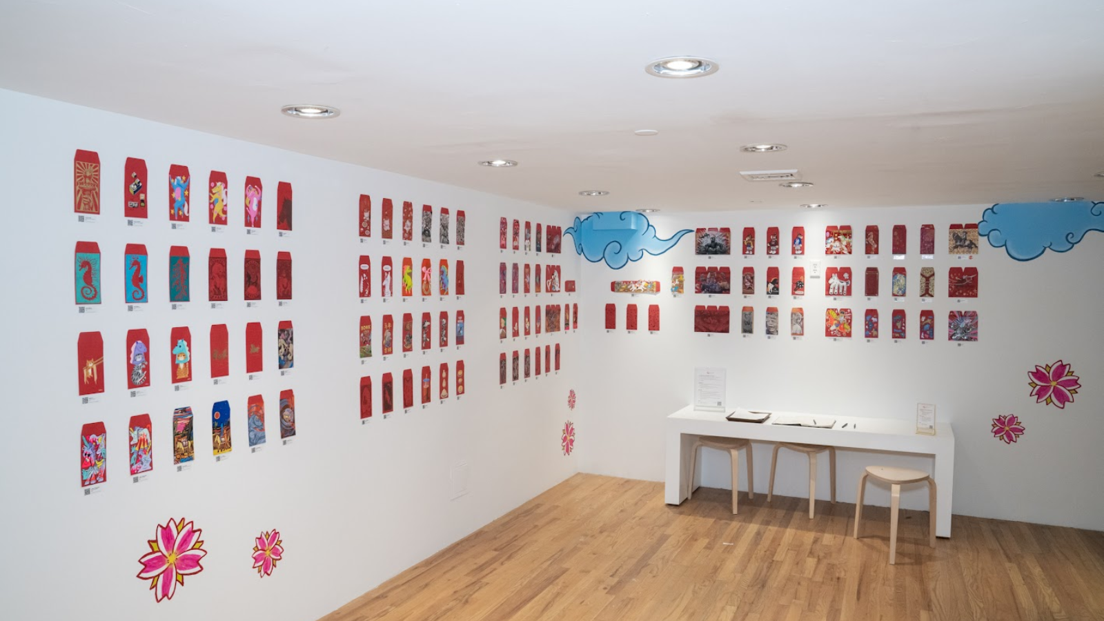 Red envelope art pieces arranged in gallery