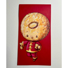 Almond cookie character in a red outfit on a red background