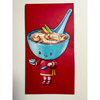 Illustration of a blue bowl character holding a spoon and bowl on a red background