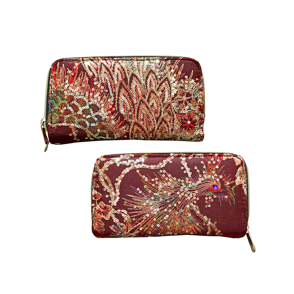 Sequined Peacock Clutch - Maroon