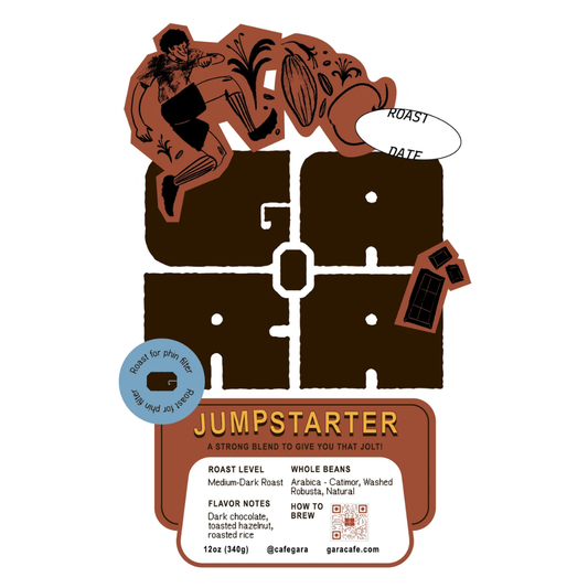 Gara Coffee label with cartoon person and text