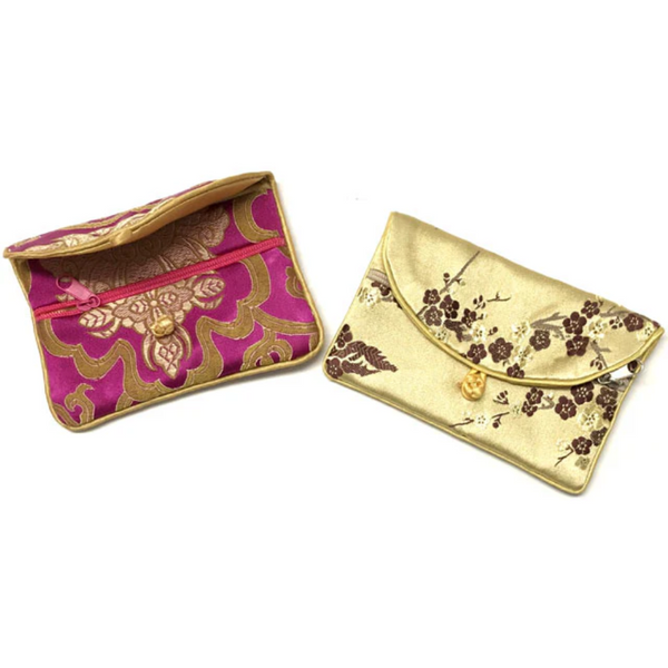 Brocade Coin Purse in assorted styles. Left purse is fuchsia with floral design and right purse is golden yellow with plum blossom design.