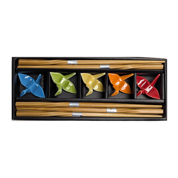 Set of colorful crane chopstick rests and bamboo chopsticks