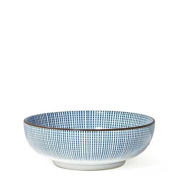 A ceramic bowl with a blue and white grid pattern and a thin dark rim, shown against a plain white background.