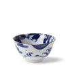 A white ceramic bowl decorated with a blue hand-painted wave and fish pattern, shown against a plain white background.