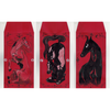 Three red envelopes with black horse illustrations on a white background