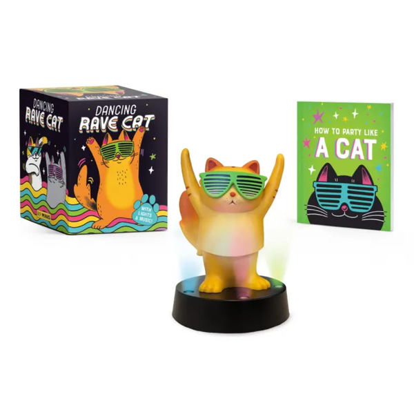 Dancing Rave Cat figurine with sunglasses and packaging on a white background
