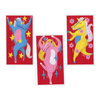 Three colorful envelopes with cartoon horses on a red background