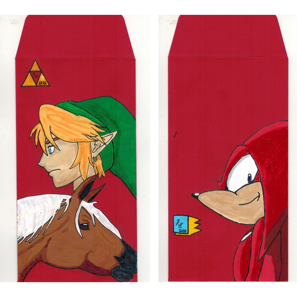 Two red envelopes with cartoon characters on a white background