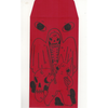 Red envelope with black illustrations of a skeleton and a cat on a white background