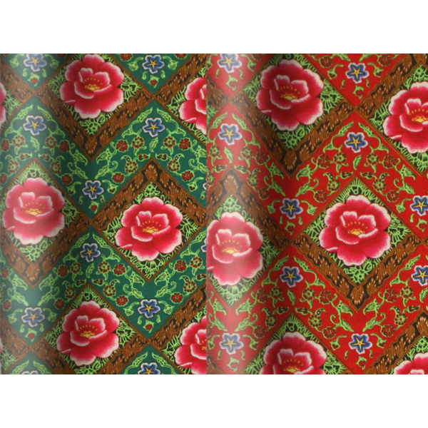 Diamond Pattern Peony Print Cotton Fabric. Green (to the left) and Red (to the right)