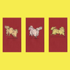 Three illustrations of horses on red panels with a yellow background