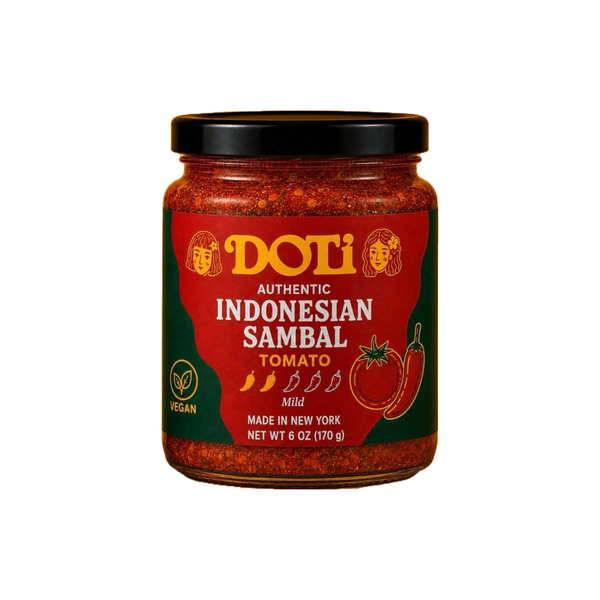 A jar of Doti Authentic Indonesian Sambal Tomato, featuring a red and green label with yellow branding, a black lid, and visible red chili paste inside, set against a plain white background.
