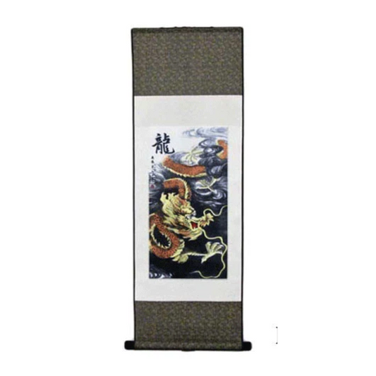 Traditional Chinese dragon painting on a vertical scroll with a white background