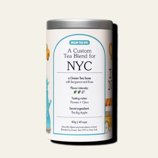 Canister of "NYC" tea on gray background