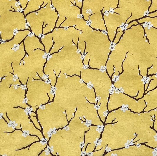 Handmade Nepal silkscreen paper: Peach Blossoms in yellow