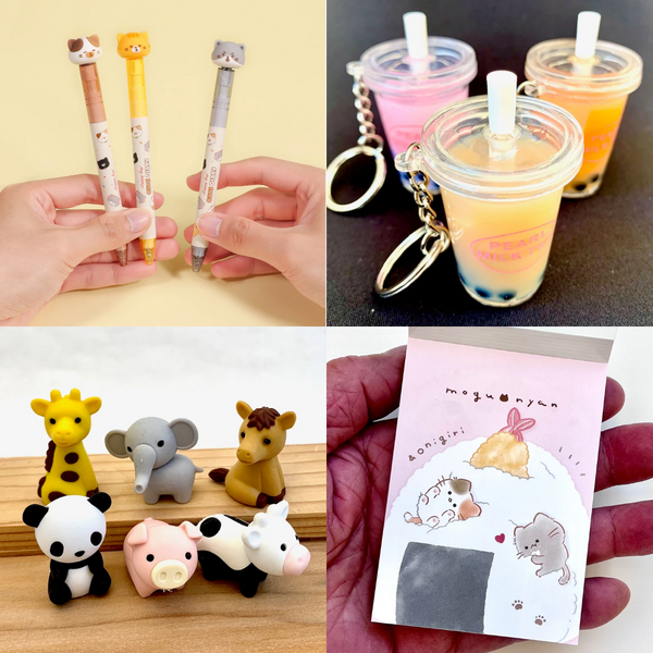 Collage of stationery items including pens, keychains, erasers, and mini notebook.