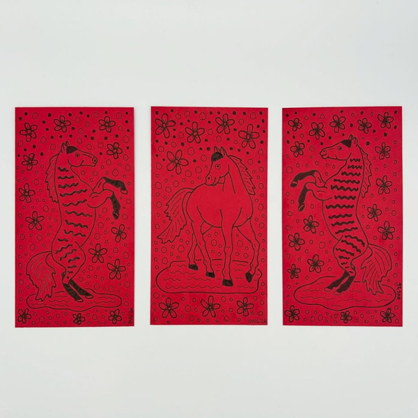 Three red envelopes with black line drawings of a horse, tiger, and deer on a white background.