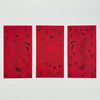 Three red envelopes with black line drawings of a horse, tiger, and deer on a white background.