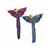 Two exotic creature kites. The one on the left is purple, the one on the right is blue