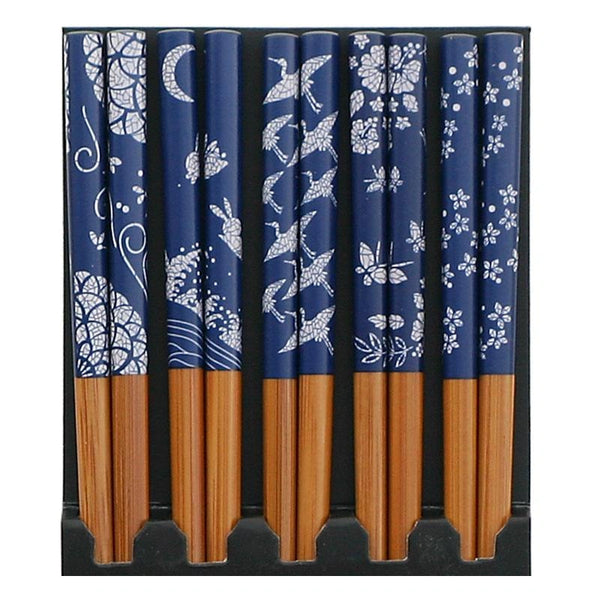 Set of wooden chopsticks with blue and white patterned handles