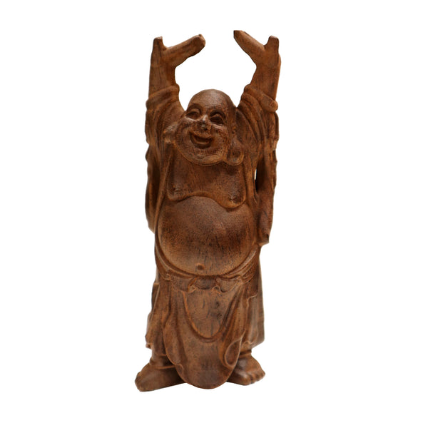 Wooden Laughing Buddha Figurine with Arms Raised