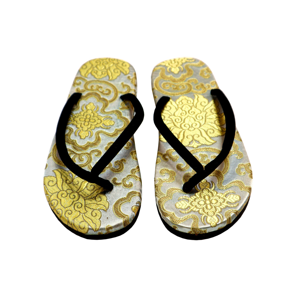 Brocade Flip Flops - Slate Blue with Gold Floral Design