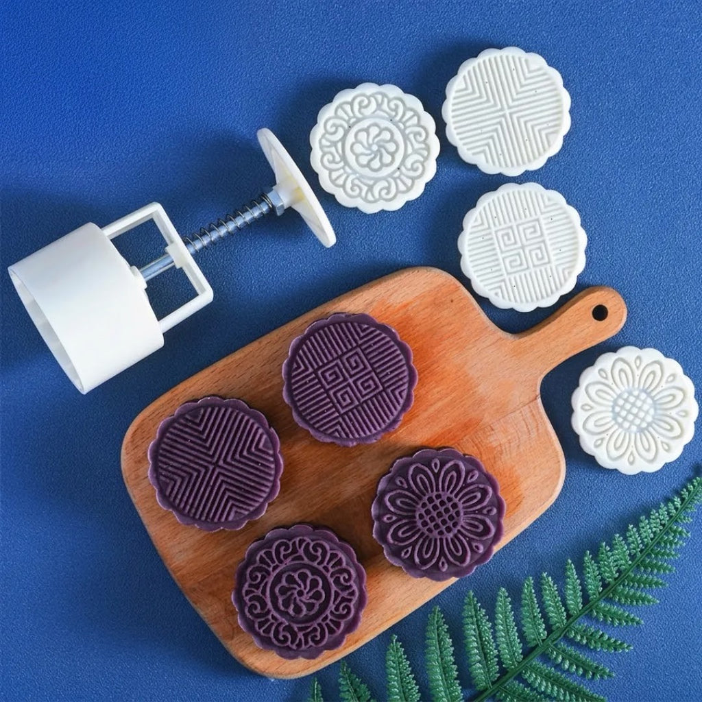 Hand Pressed Mooncake Mold- 100g Round Floral & Geometric Set (1 Mold 4 Stamps)