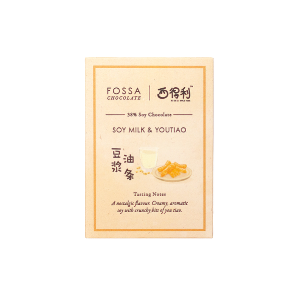 FOSSA Chocolate 38% Soy Chocolate Soy Milk and YouTiao chocolate bar packaging, featuring a cream-colored box with orange borders and Chinese text.