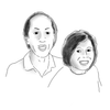 Black and white line drawing of two people standing close together