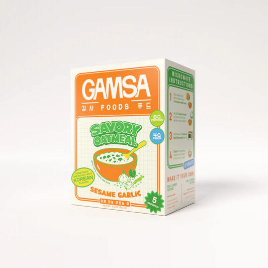 Gamsa Foods savory oatmeal sesame garlic package on a white background