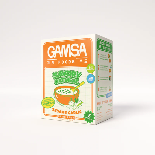 Gamsa Foods savory oatmeal sesame garlic package on a white background