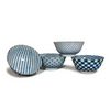 Set of four ceramic bowls with blue and white patterns on a white background