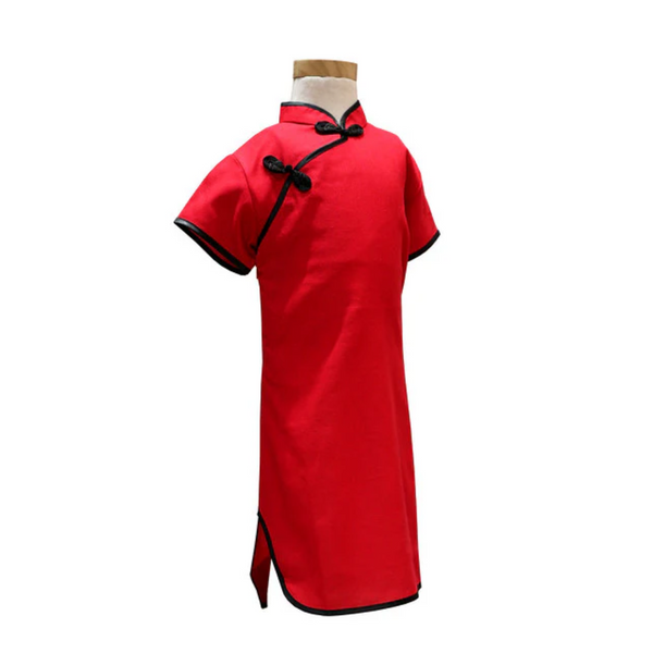 Girls Cotton Qipao - Solid Red with black trim and pankou buttons