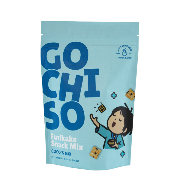Blue bag of snack mix with wording and cartoon character