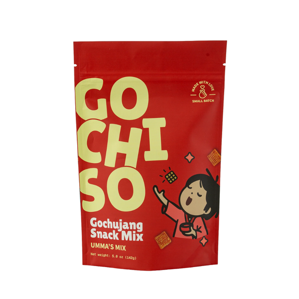 Red bag of snack mix with wording and cartoon figure
