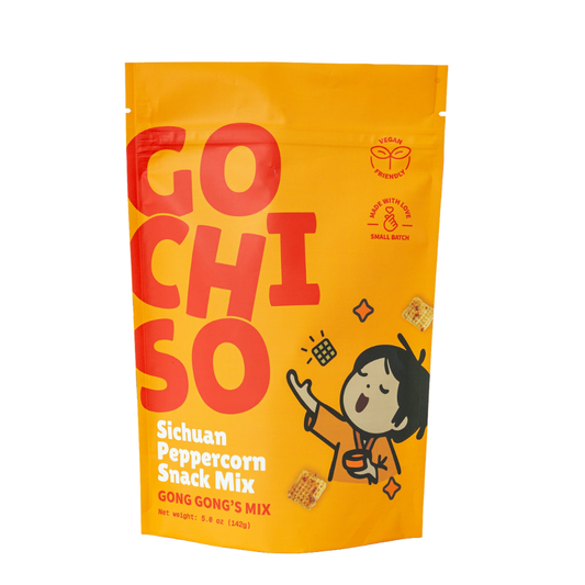 Gochiso Sichuan Peppercorn Snack Mix packaging on a white background