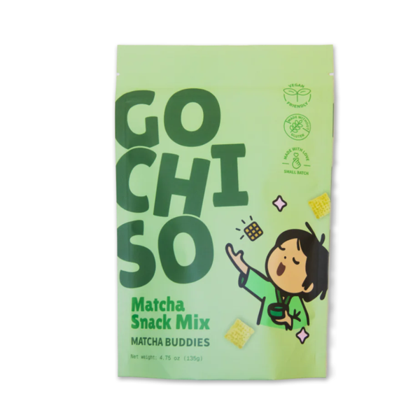 Green bag of snack mix with wording and cartoon character