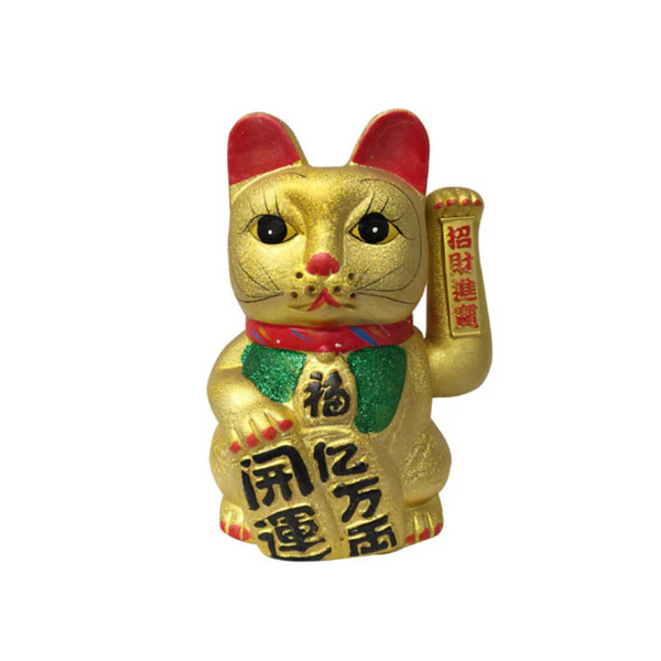 Ceramic Hand Motioned Gold Lucky Cat (Maneki-Neko Welcoming Cat) with sand finish.