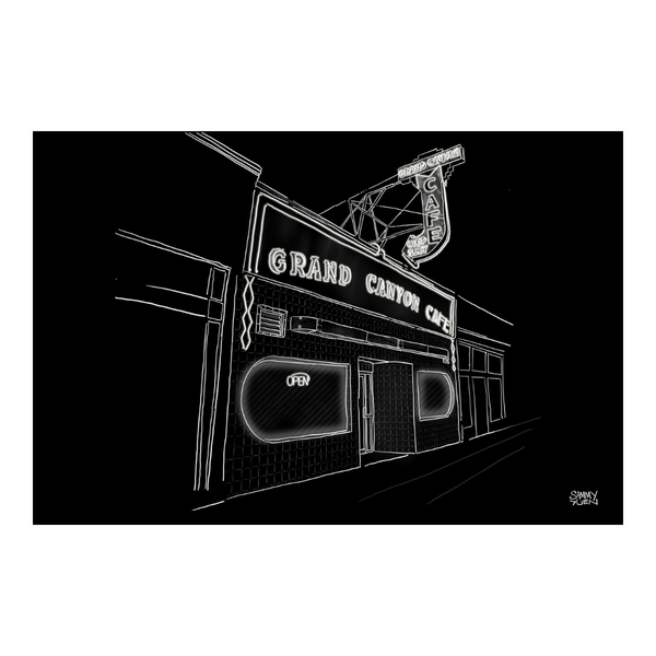 Black and white illustration of a cafe named 'Grand Canyon Cafe' with a sign above the entrance.