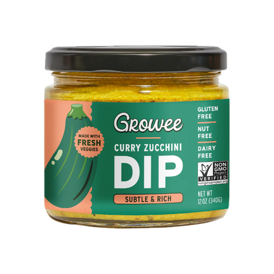 Jar of Growee Curry Zucchini Dip on a white background