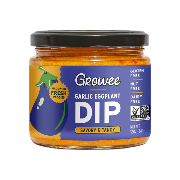 Jar of Crowee Garlic Eggplant Dip on a white background