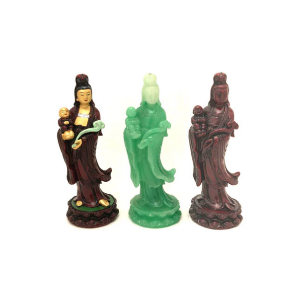 Three Guan Yin Buddha Holding Boy- Each 6 inches tall. Red and Gold design, Jade Green and Mahogany color