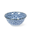 Ceramic bowl with blue geometric pattern on a white background